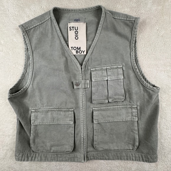 Studio Tomboy Flying V-Neck Cotton Gilet Utility Zip‎ Cargo Women's Vest Size XL